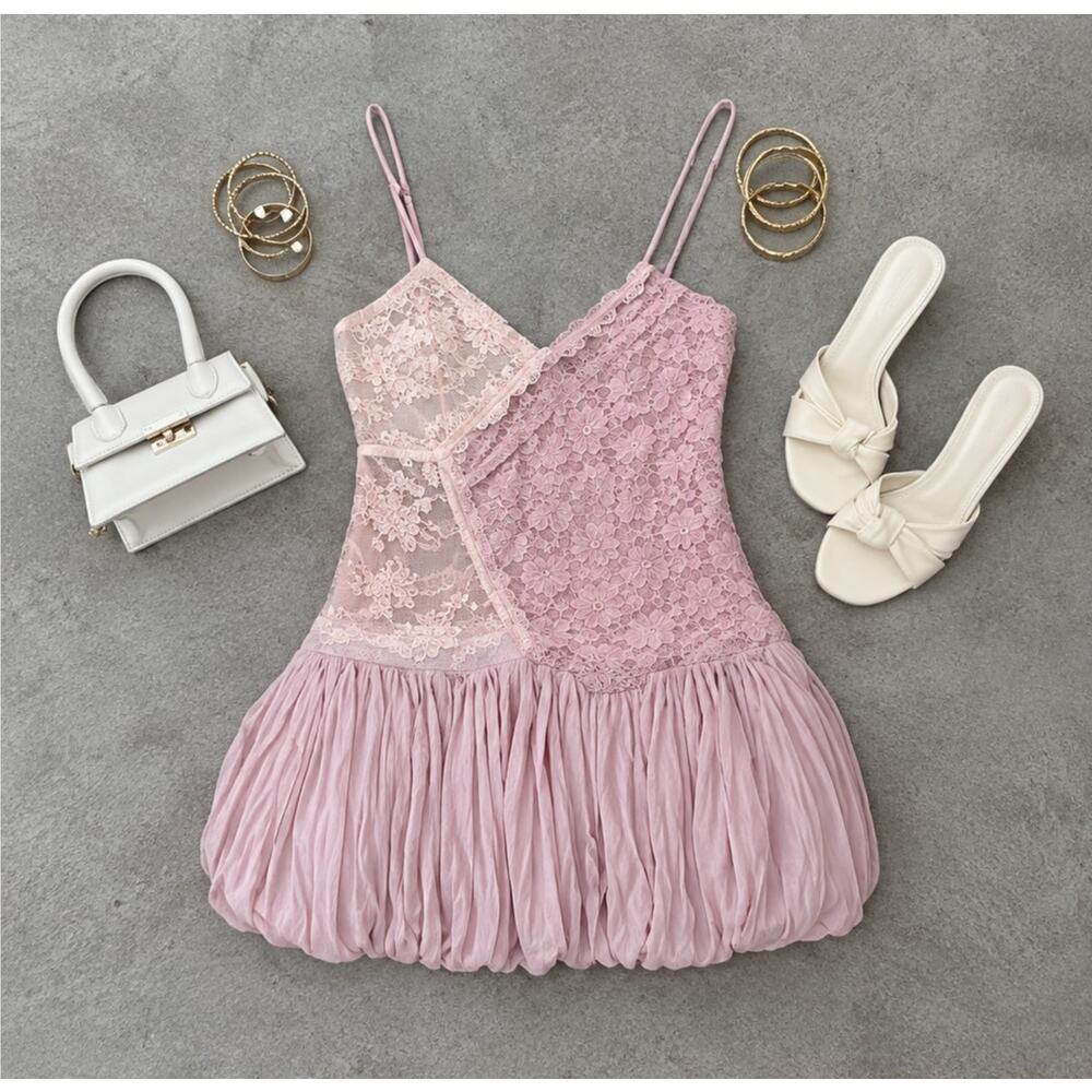 Zara NWT Pink Lace Bubble Hem Spaghetti Strap Mini Dress S - Picture 10 of 13